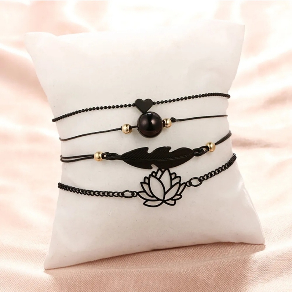 4pc Black & Gold Charm Layering Bracelets Feather Lotus Flower Heart Bead - Picture 9 of 13